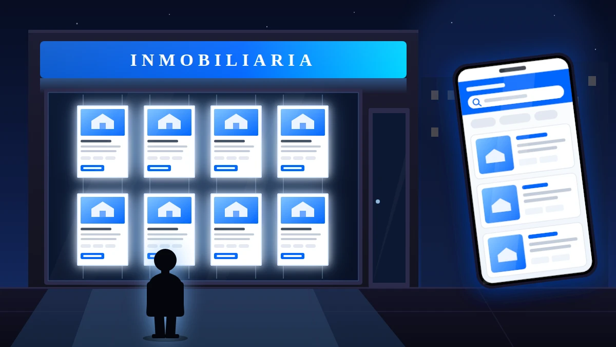Escaparate de una inmobiliaria iluminado con carpetas LED mientras se consultan portales inmobiliarios online